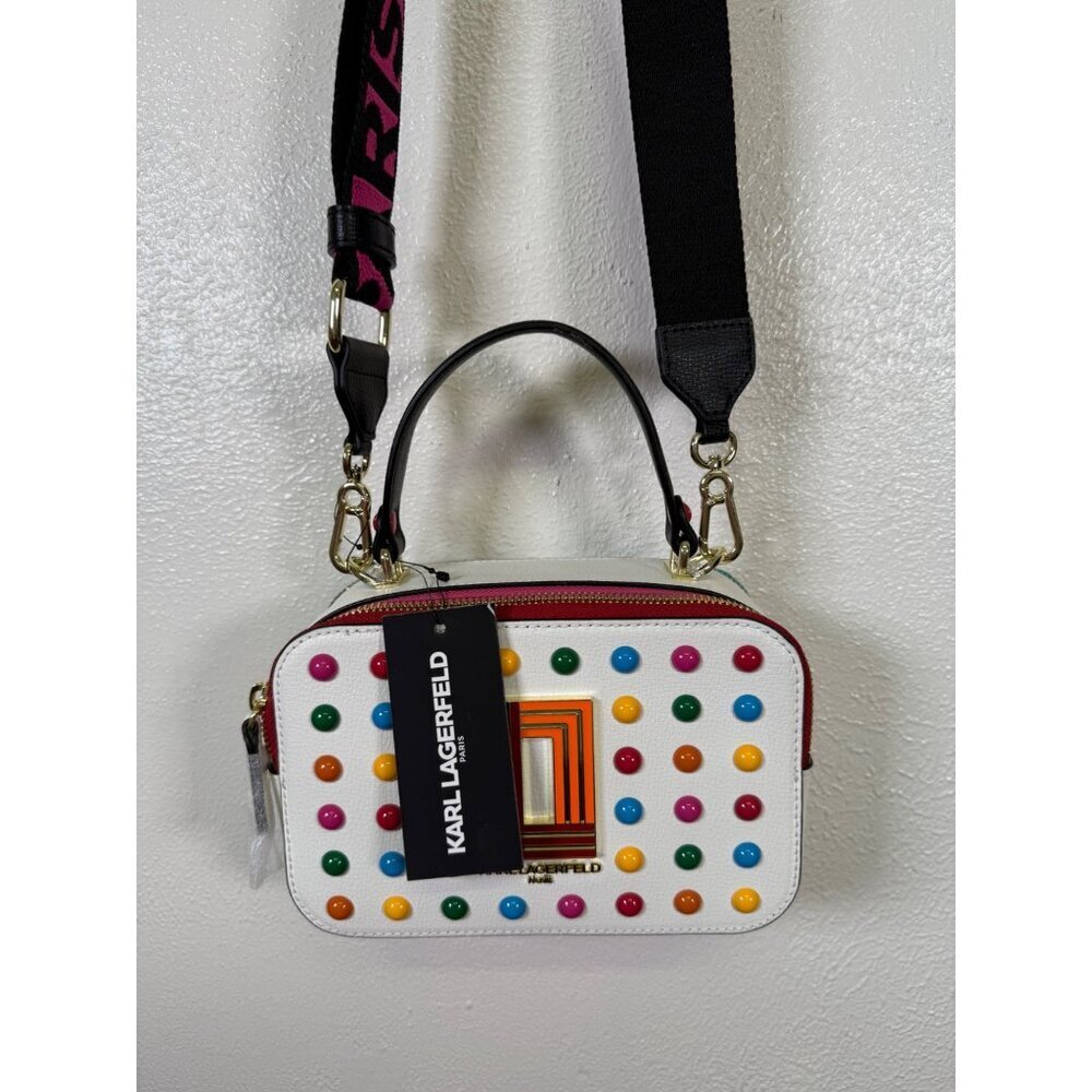 NEW KARL LAGERFELD Simone Rainbow Studded Crossbody Bag White Premium Leather - Picture 2 of 15